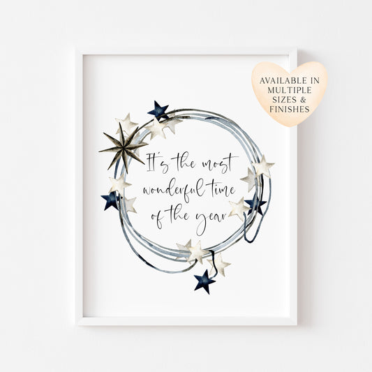 It's the most wonderful time of the year dark blue beige star wreath seasonal unframed wall art poster print
