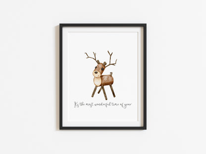 Reindeer It's the most wonderful time of the year watercolour xmas seasonal unframed wall art poster print