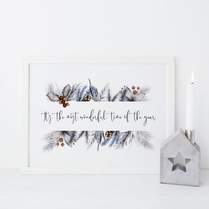 It's the most wonderful time of the year watercolour foliage wreath seasonal unframed wall art poster print