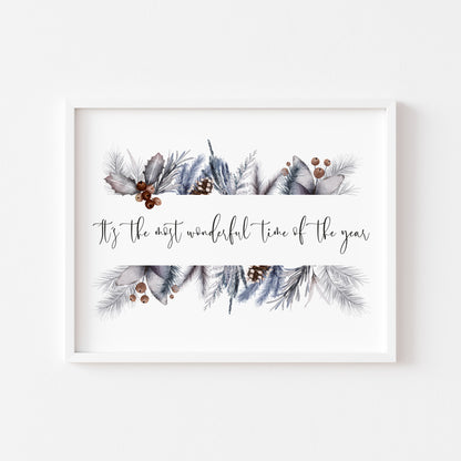 It's the most wonderful time of the year watercolour foliage wreath seasonal unframed wall art poster print