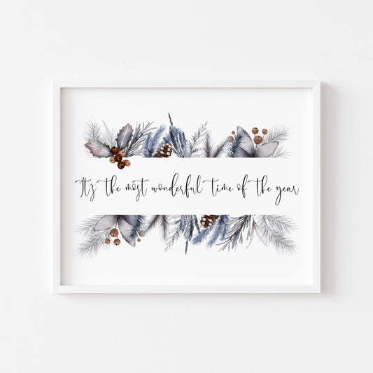 It's the most wonderful time of the year watercolour foliage wreath seasonal unframed wall art poster print