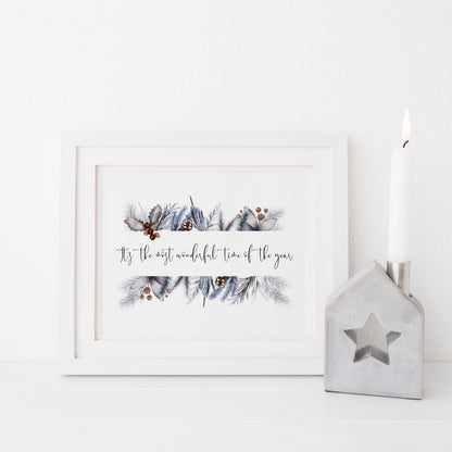 It's the most wonderful time of the year watercolour foliage wreath seasonal unframed wall art poster print