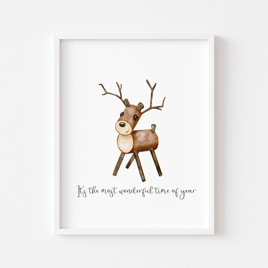 Reindeer It's the most wonderful time of the year watercolour xmas seasonal unframed wall art poster print