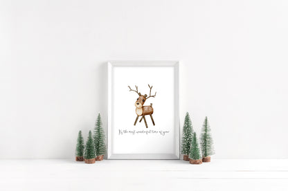 Reindeer It's the most wonderful time of the year watercolour xmas seasonal unframed wall art poster print