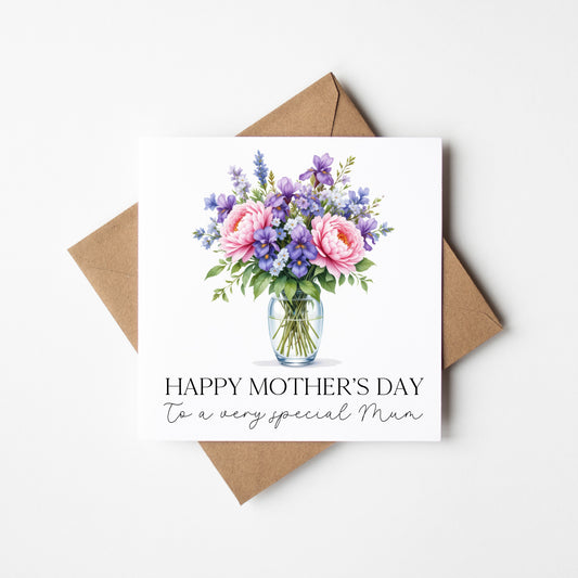 Mother's day card to a very special mum pink peonies purple blue flowers with Envelope