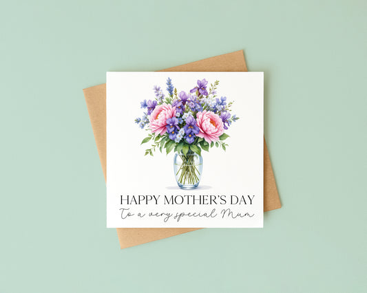 Mother's day card to a very special mum pink peonies purple blue flowers with Envelope