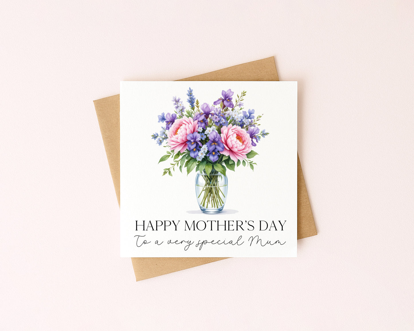 Mother's day card to a very special mum pink peonies purple blue flowers with Envelope