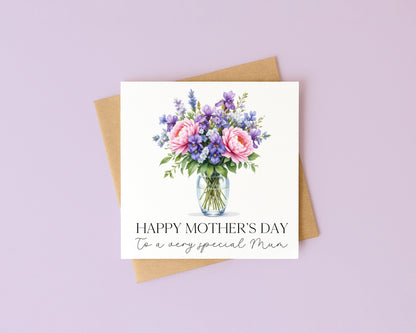Mother's day card to a very special mum pink peonies purple blue flowers with Envelope