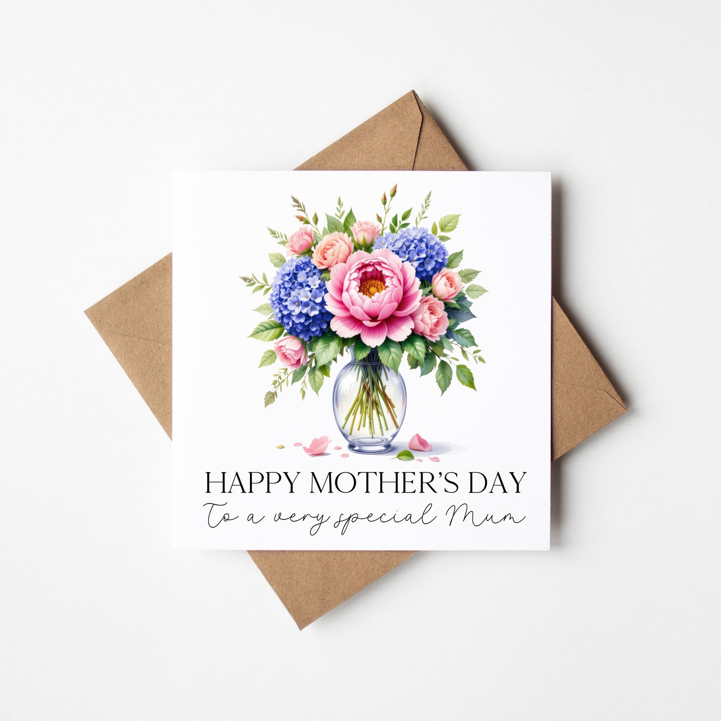 Mother's day card to a very special mum pink peonies blue hydrangeas flowers with Envelope
