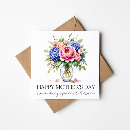 Mother's day card to a very special mum pink peonies blue hydrangeas flowers with Envelope