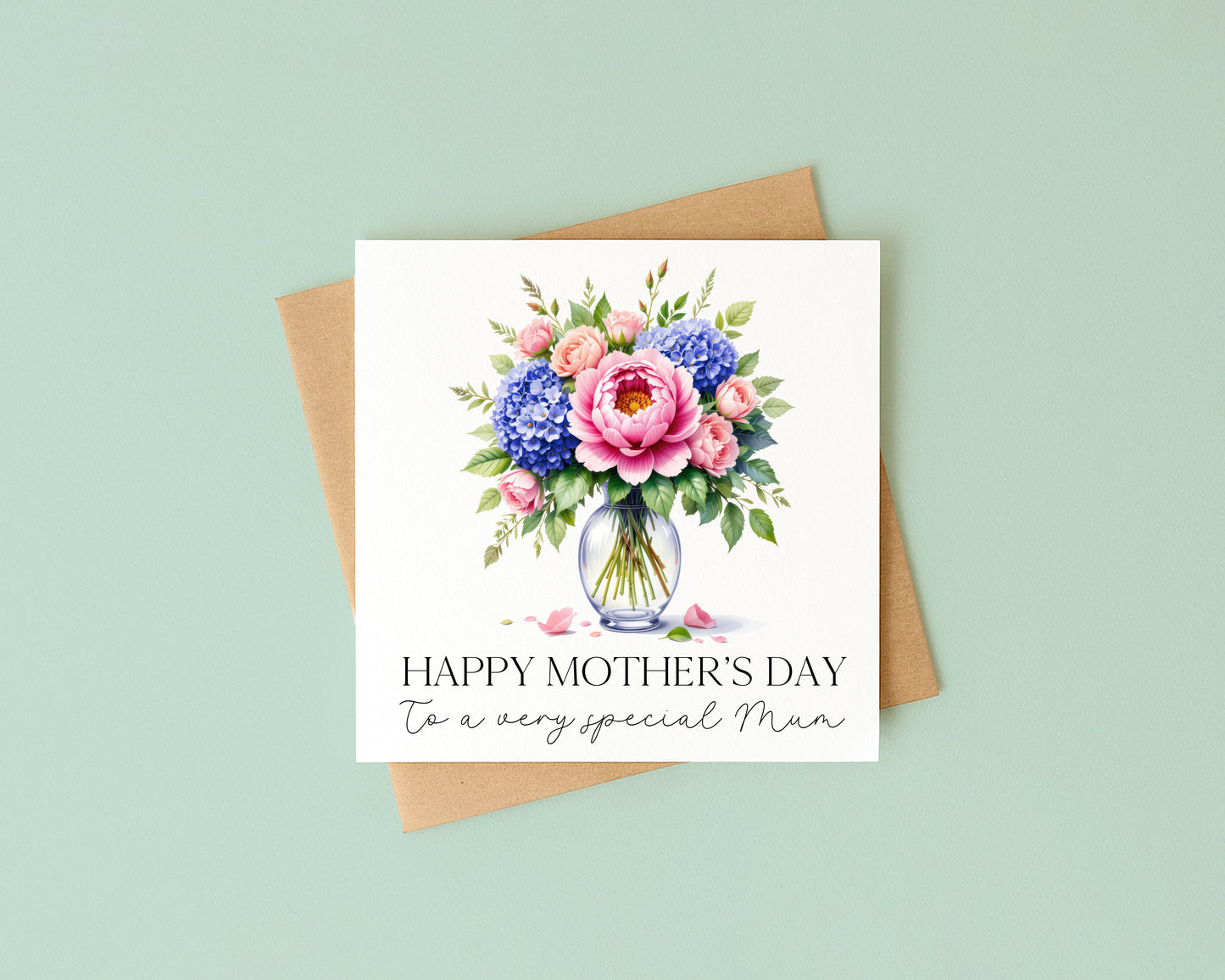 Mother's day card to a very special mum pink peonies blue hydrangeas flowers with Envelope