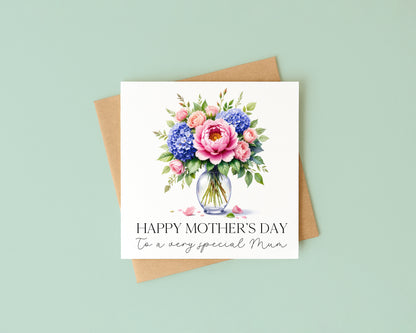 Mother's day card to a very special mum pink peonies blue hydrangeas flowers with Envelope