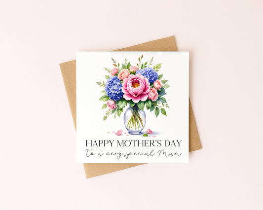 Mother's day card to a very special mum pink peonies blue hydrangeas flowers with Envelope