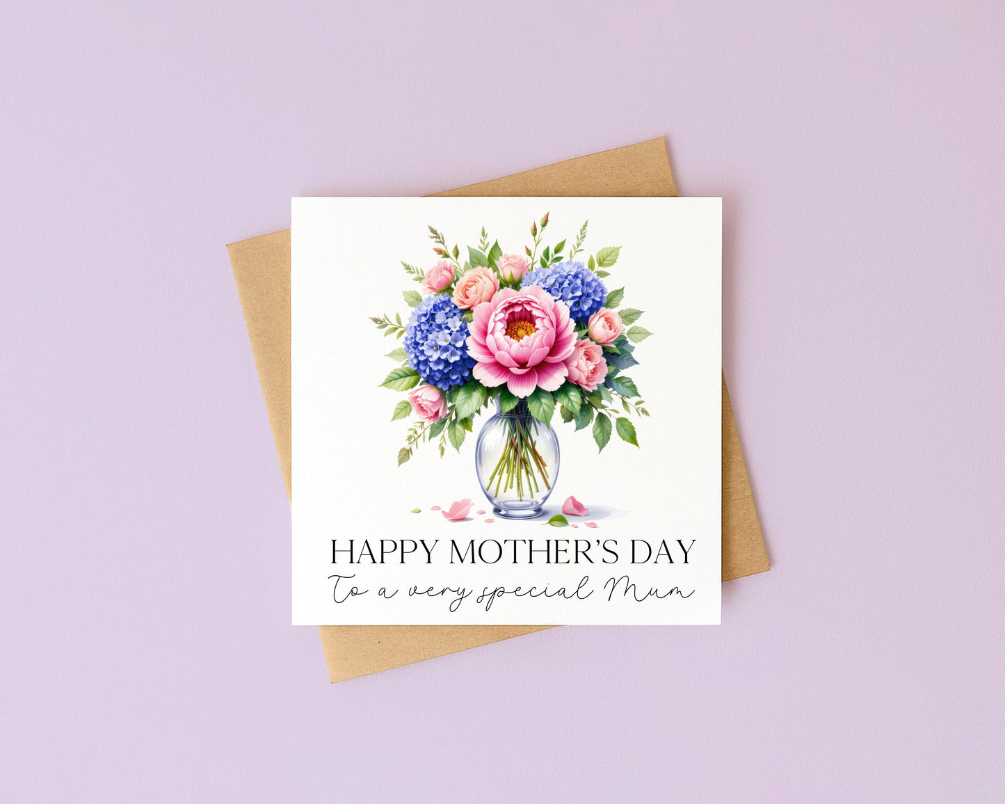Mother's day card to a very special mum pink peonies blue hydrangeas flowers with Envelope