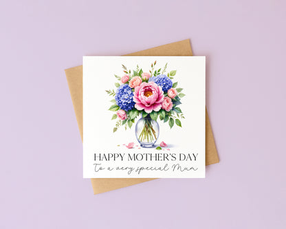 Mother's day card to a very special mum pink peonies blue hydrangeas flowers with Envelope