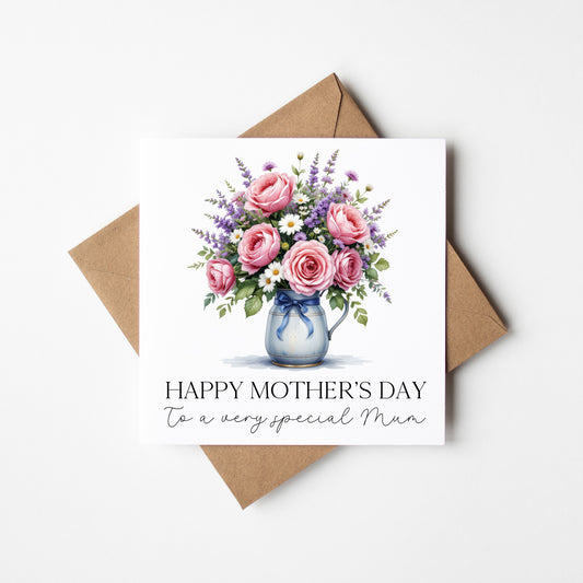 Mother's day card to a very special mum pink roses daisies & lavender flowers with Envelope