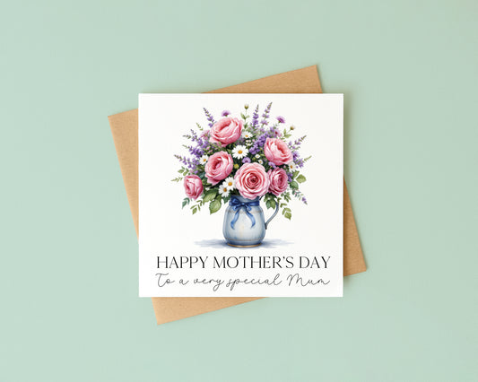 Mother's day card to a very special mum pink roses daisies & lavender flowers with Envelope