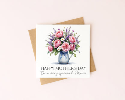 Mother's day card to a very special mum pink roses daisies & lavender flowers with Envelope