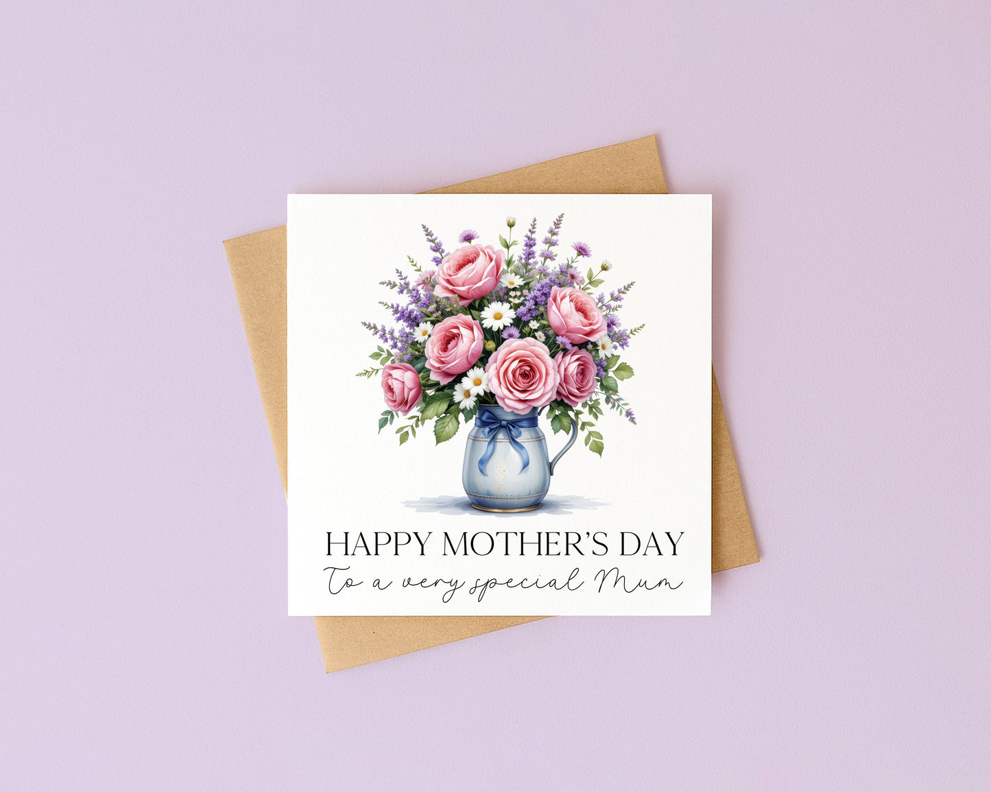 Mother's day card to a very special mum pink roses daisies & lavender flowers with Envelope