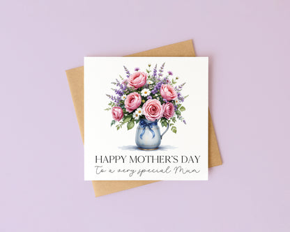 Mother's day card to a very special mum pink roses daisies & lavender flowers with Envelope