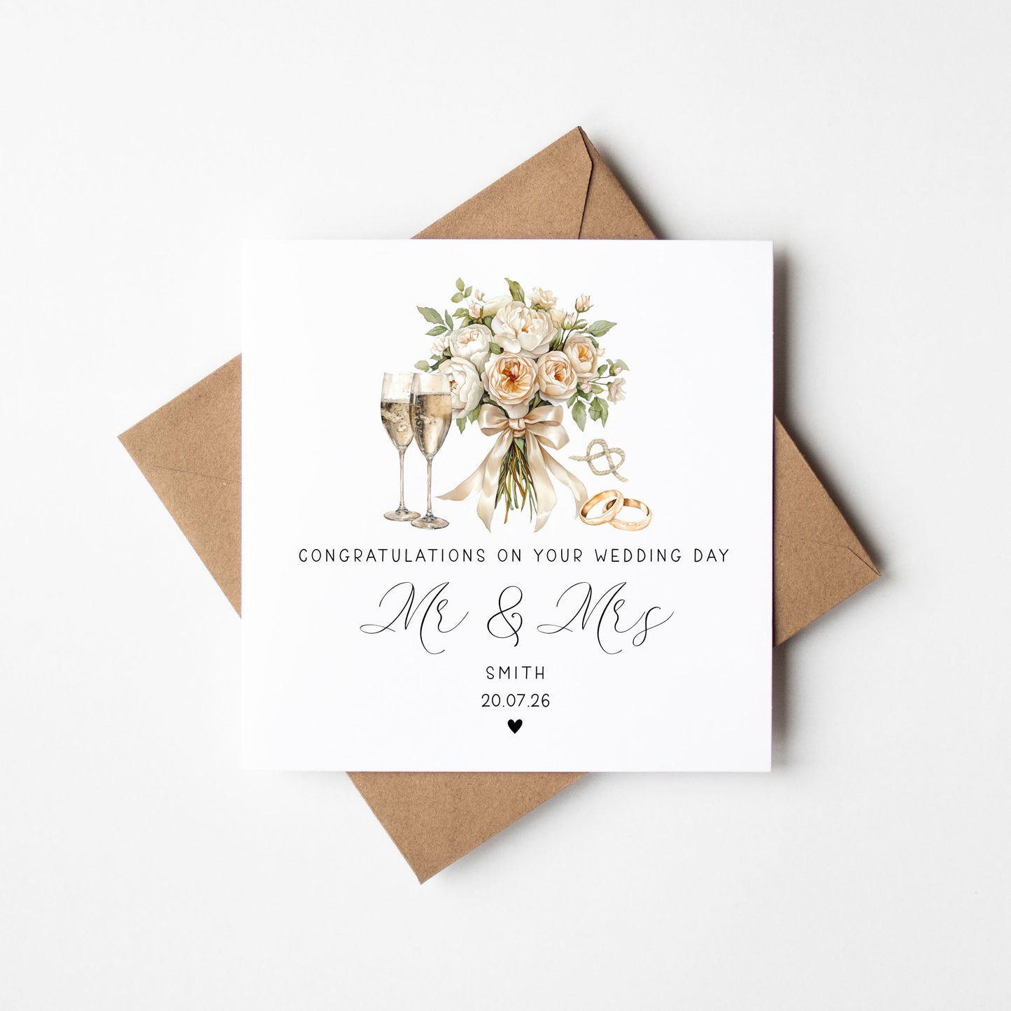 Personalised wedding day card, congratulations watercolour Mr & Mrs card with envelope