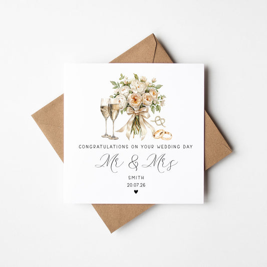 Personalised wedding day card, congratulations watercolour Mr & Mrs card with envelope
