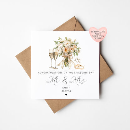 Personalised wedding day card, congratulations watercolour Mr & Mrs card with envelope