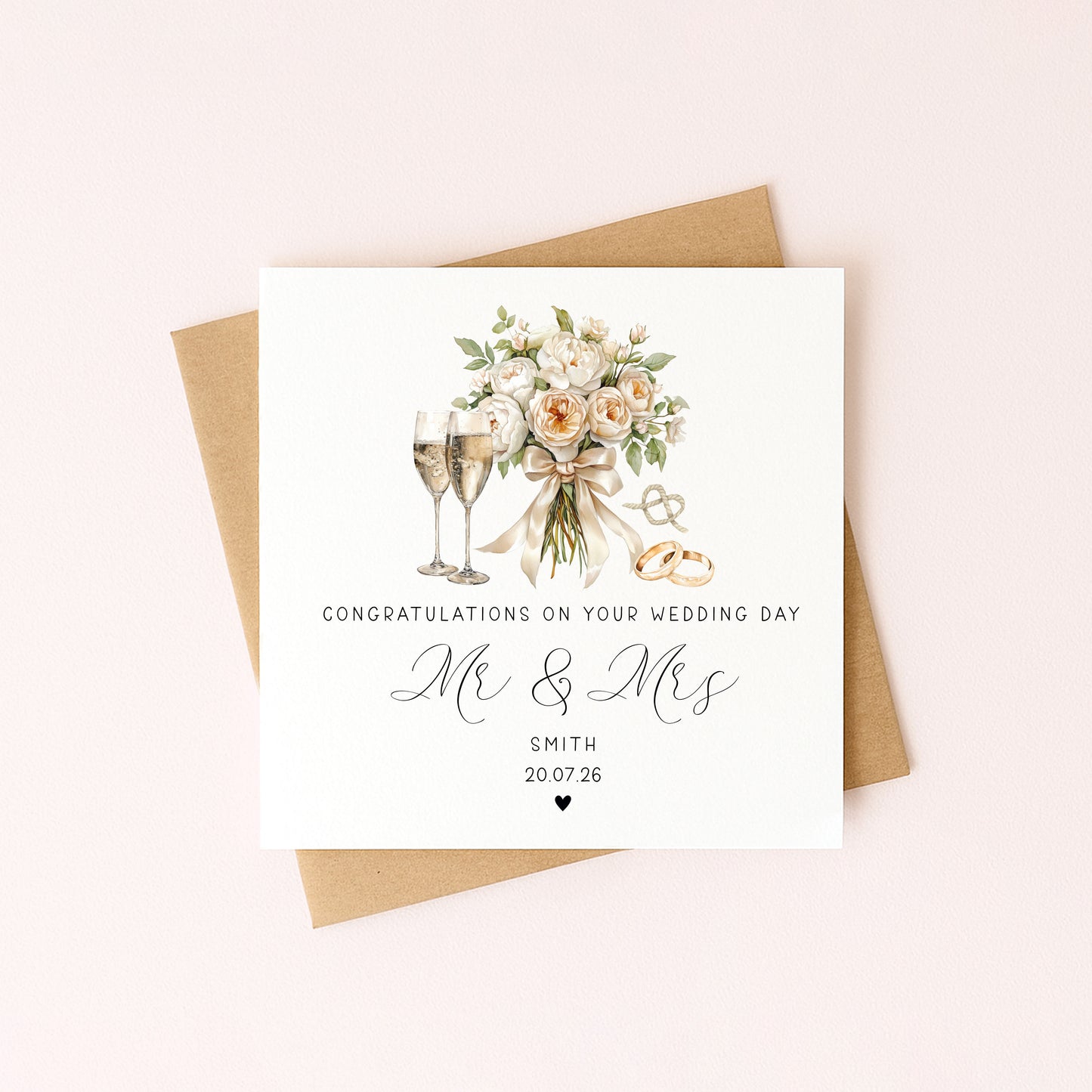 Personalised wedding day card, congratulations watercolour Mr & Mrs card with envelope