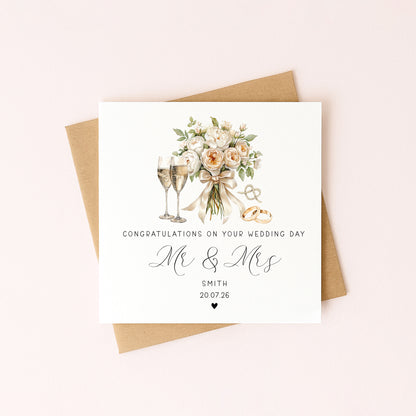 Personalised wedding day card, congratulations watercolour Mr & Mrs card with envelope