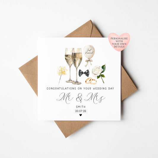 Wedding day card, Personalised surname, date congratulations Mr & Mrs card with envelope