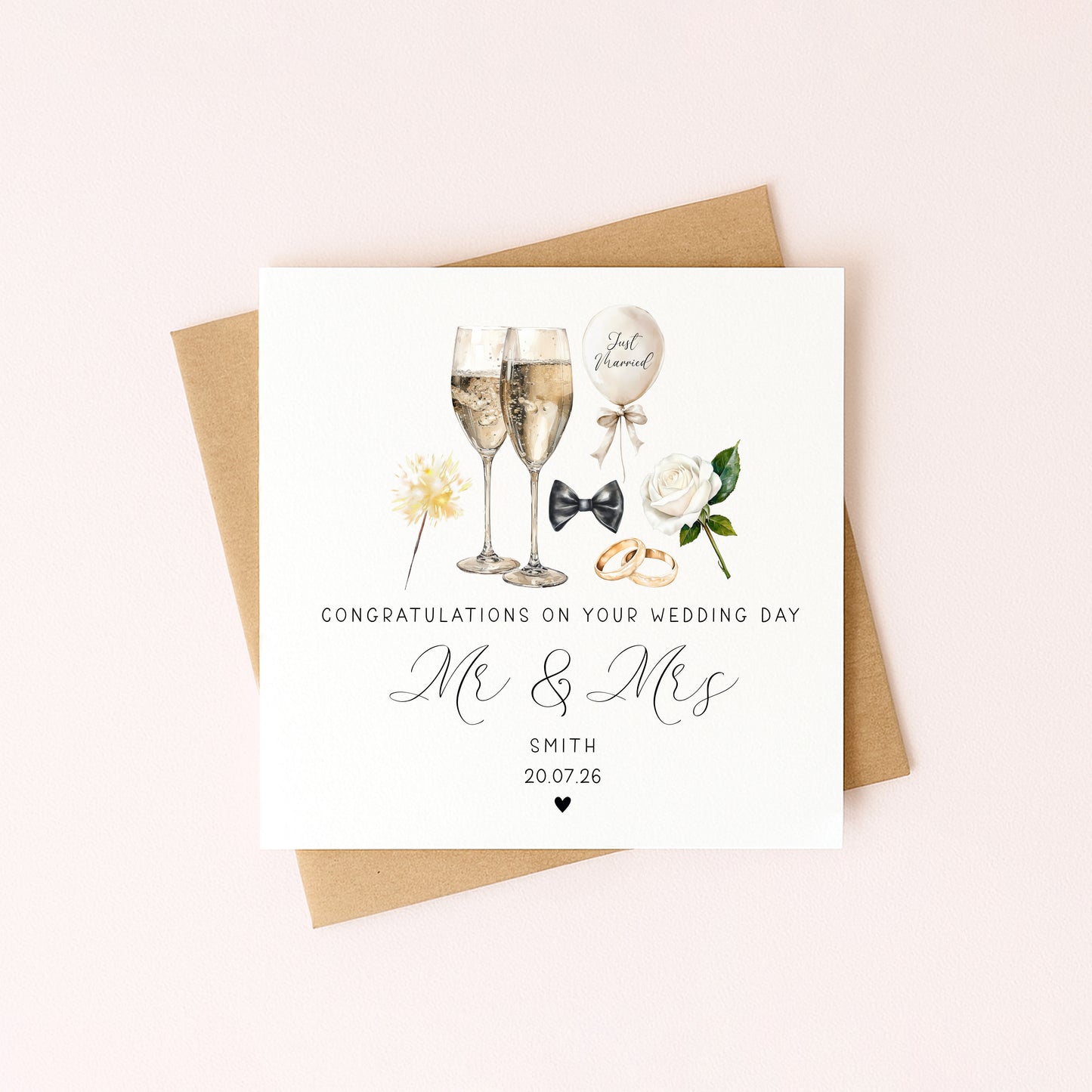 Wedding day card, Personalised surname, date congratulations Mr & Mrs card with envelope