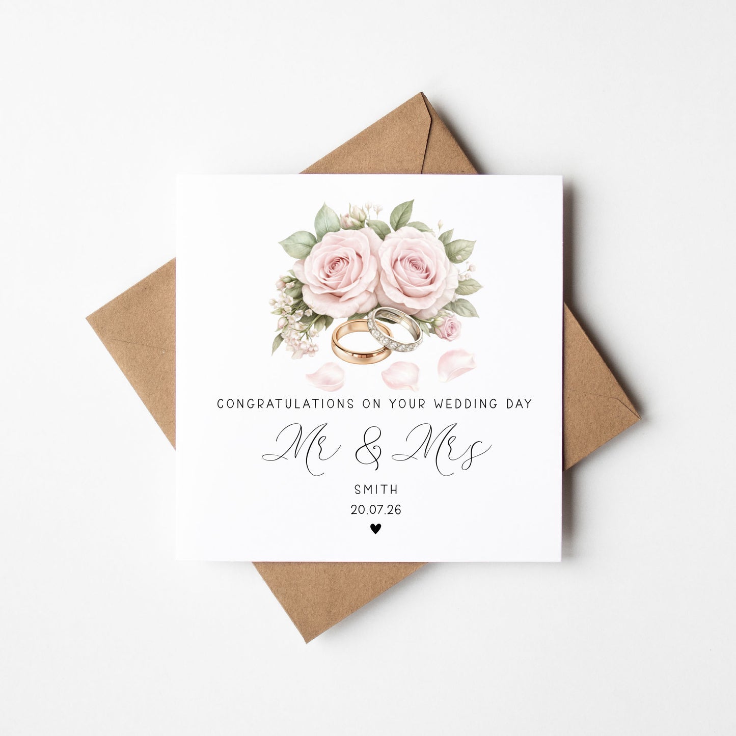 Wedding day card, Personalised surname, date congratulations Mr & Mrs roses and rings card