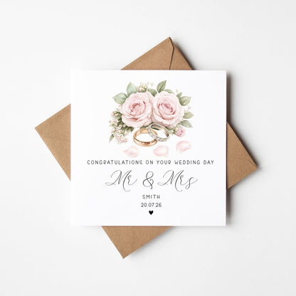Wedding day card, Personalised surname, date congratulations Mr & Mrs roses and rings card