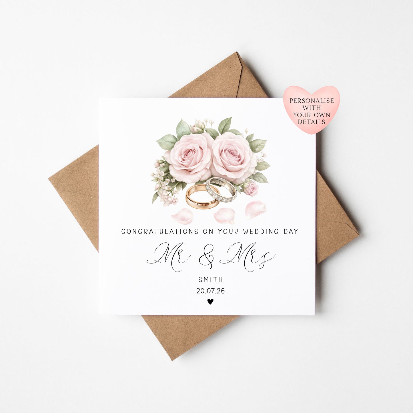 Wedding day card, Personalised surname, date congratulations Mr & Mrs roses and rings card