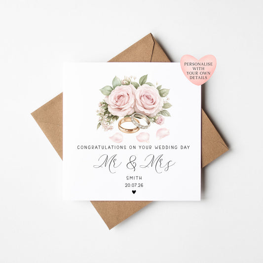 Wedding day card, Personalised surname, date congratulations Mr & Mrs roses and rings card