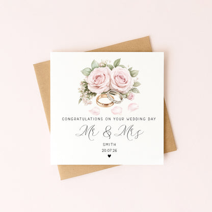 Wedding day card, Personalised surname, date congratulations Mr & Mrs roses and rings card