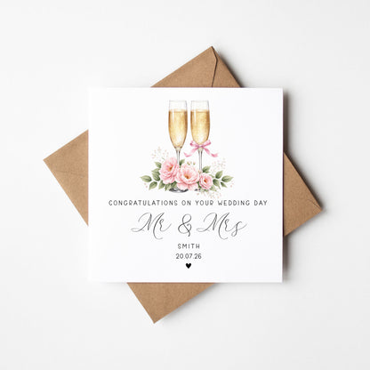 Wedding day card, Personalised surname, date congratulations Mr & Mrs Champagne card