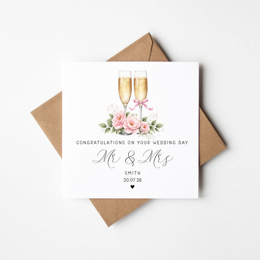 Wedding day card, Personalised surname, date congratulations Mr & Mrs Champagne card