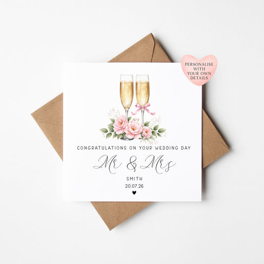 Wedding day card, Personalised surname, date congratulations Mr & Mrs Champagne card