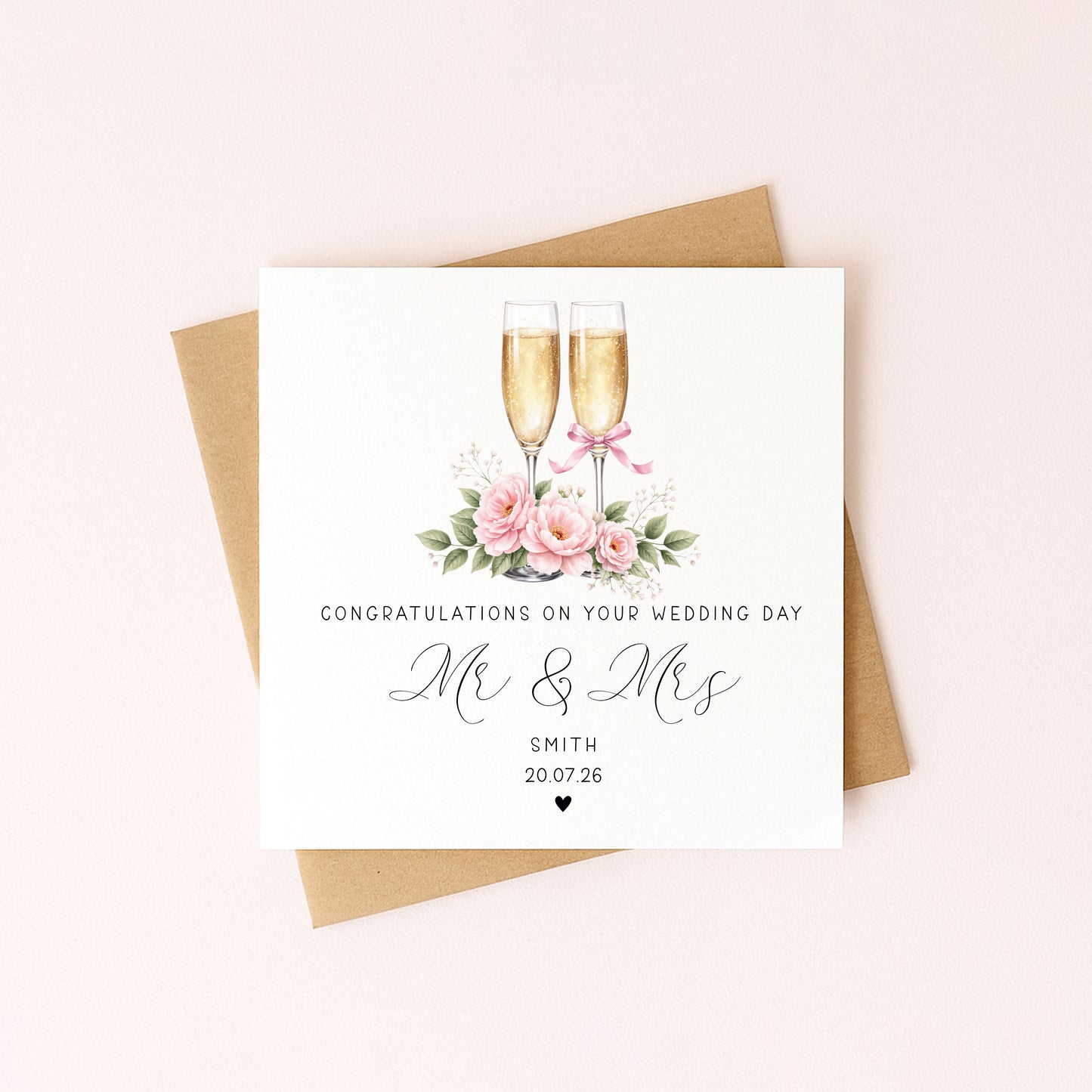 Wedding day card, Personalised surname, date congratulations Mr & Mrs Champagne card