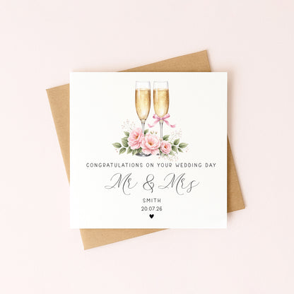 Wedding day card, Personalised surname, date congratulations Mr & Mrs Champagne card