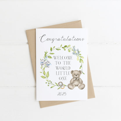 New Baby, congratulations welcome to the world little one blue beige or pink boy girl watercolour wreath new baby card with envelope,kraft brown or white