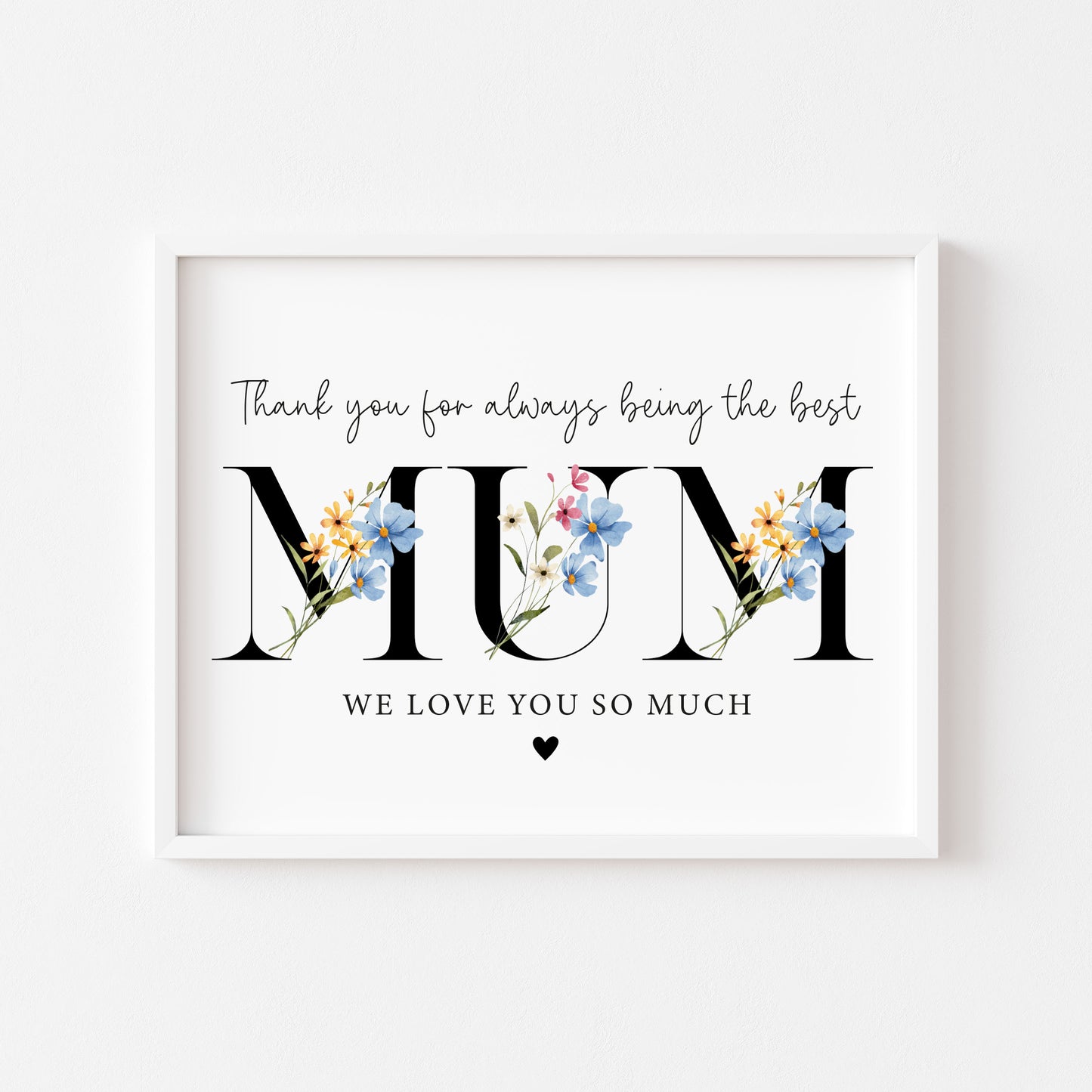 Floral Mum Print, blue yellow Mother's Day Gift, Personalised Mum Wall Art (unframed)