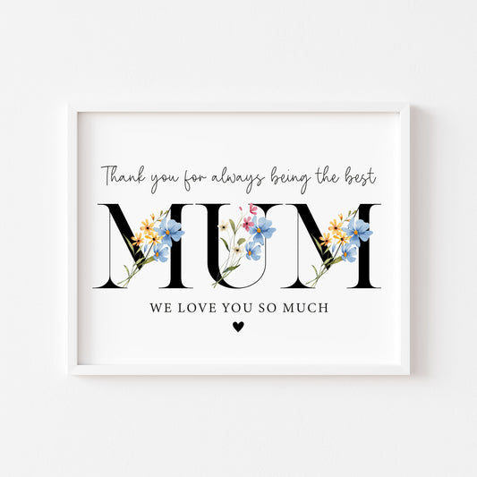 Floral Mum Print, blue yellow Mother's Day Gift, Personalised Mum Wall Art (unframed)