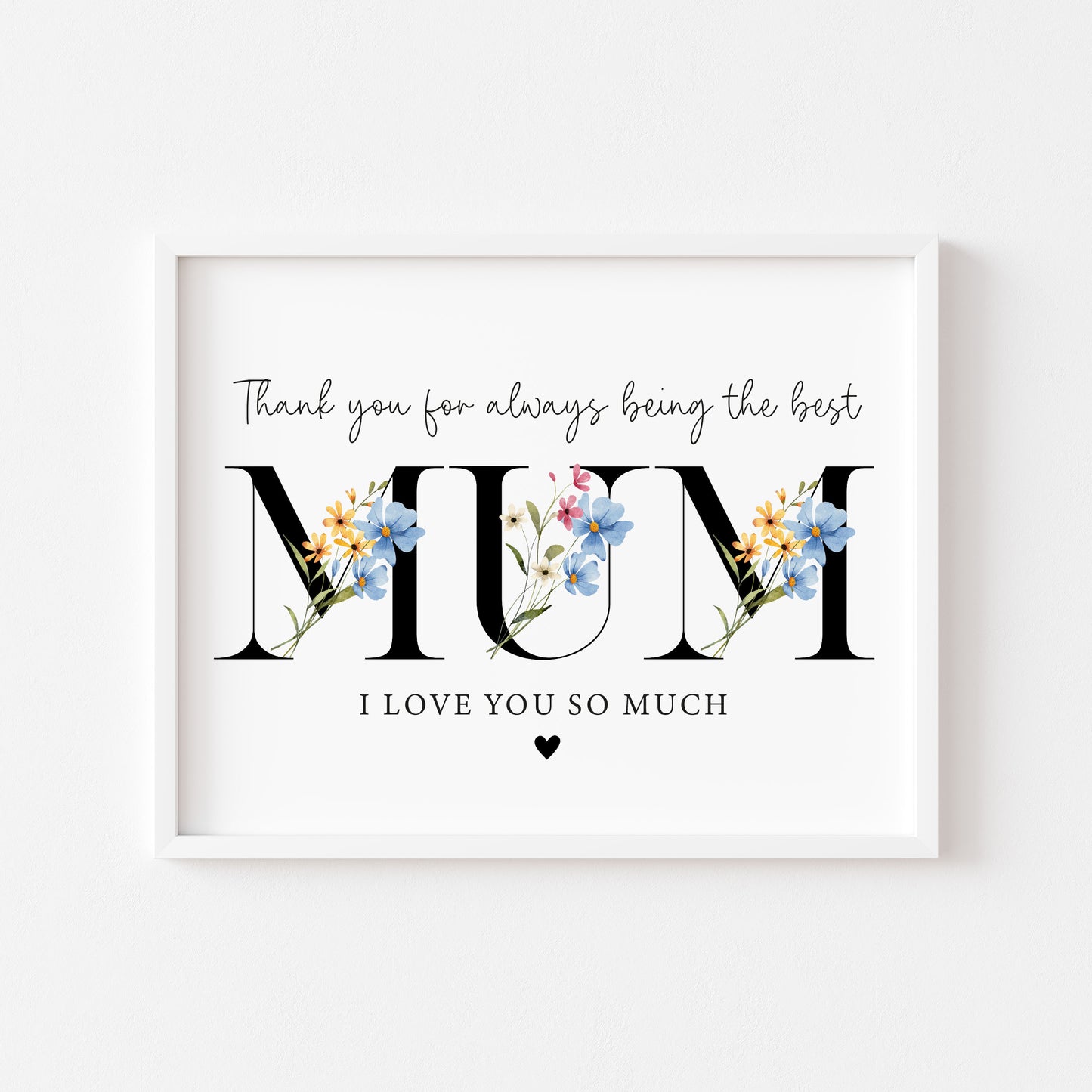 Floral Mum Print, blue yellow Mother's Day Gift, Personalised Mum Wall Art (unframed)