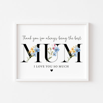 Floral Mum Print, blue yellow Mother's Day Gift, Personalised Mum Wall Art (unframed)