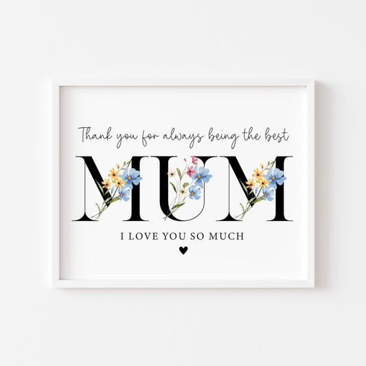 Floral Mum Print, blue yellow Mother's Day Gift, Personalised Mum Wall Art (unframed)