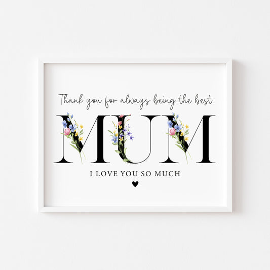 Floral Mum Print, wildflower Mother's Day Gift, Personalised Mum Wall Art (unframed)