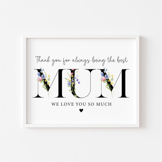 Floral Mum Print, wildflower Mother's Day Gift, Personalised Mum Wall Art (unframed)