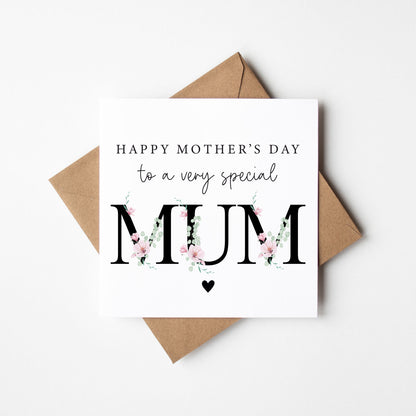 Mother's day card to a very special mum pink black magnolia floral letters card with Envelope